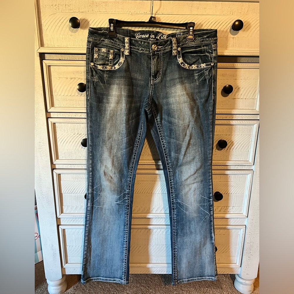 Grace in LA Distressed Blue Boot Cut Jeans